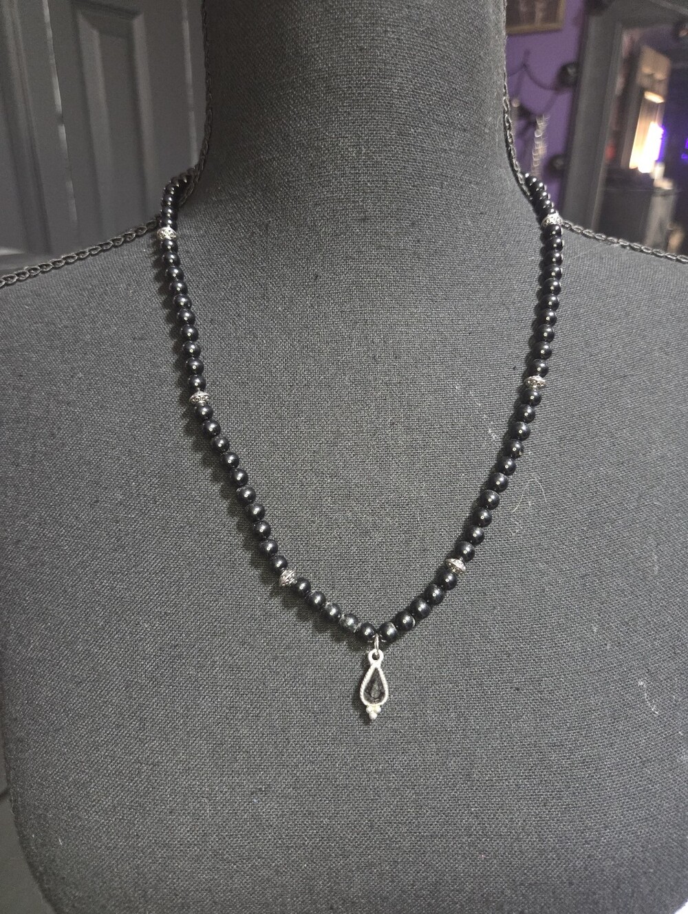 Black Beaded Gothic Necklace Teardrop Pendant Emo Punk Jewelry Silver Accents